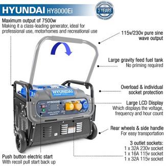 HYUNDAI HY8000Ei 7500W Portable Petrol Inverter Generator 230v/115v with wheels & electric start