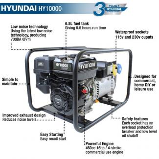 Hyundai HY10000 Hire Pro 7Kw Recoil Start Site Petrol Generator